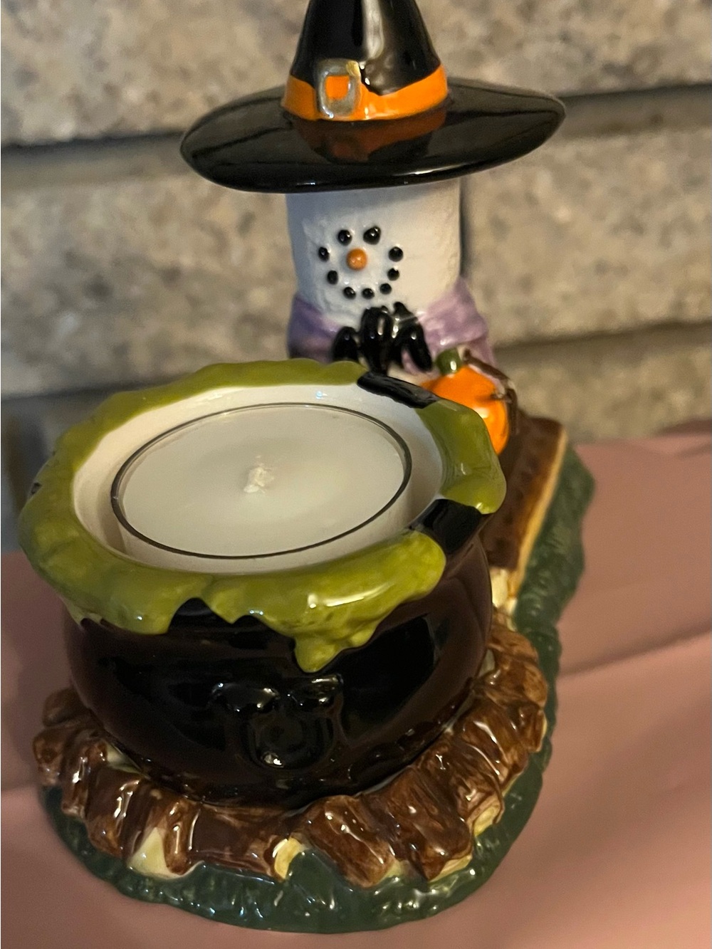 Halloween Witch Ceramic Tealight Holder in Black, Green and Orange